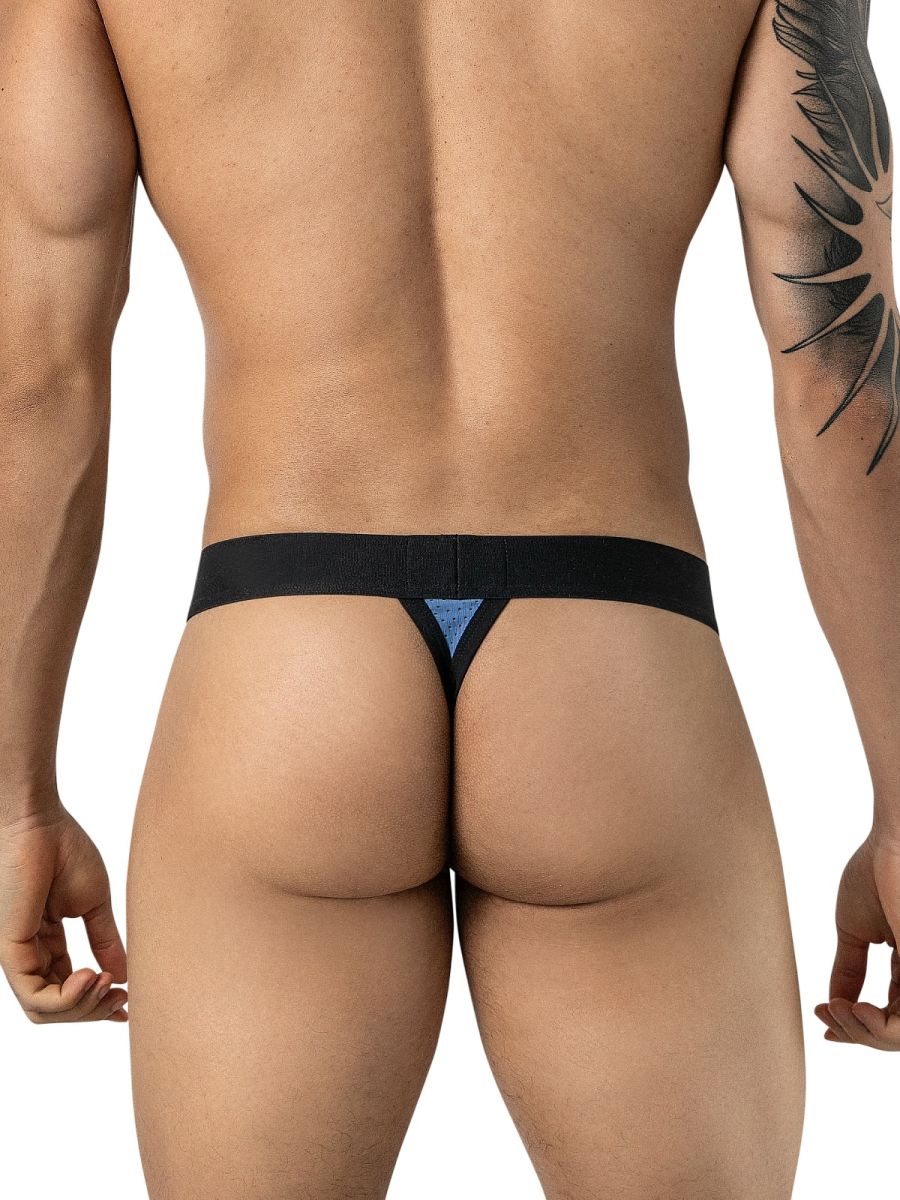 Rear view of a person wearing steel blue thong underwear with a wide black waistband.