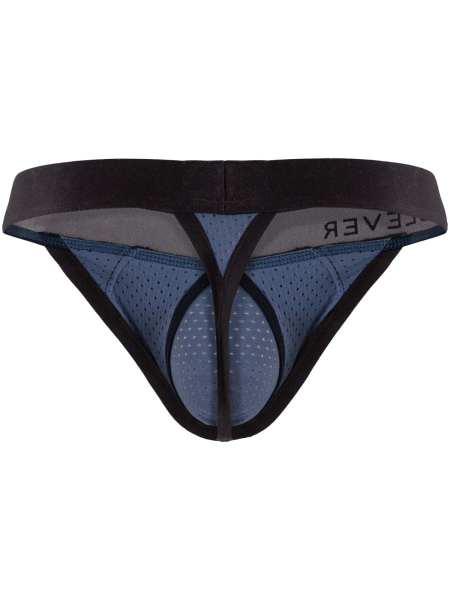 Steel blue mesh thong underwear with a black waistband and trim, viewed from the back.
