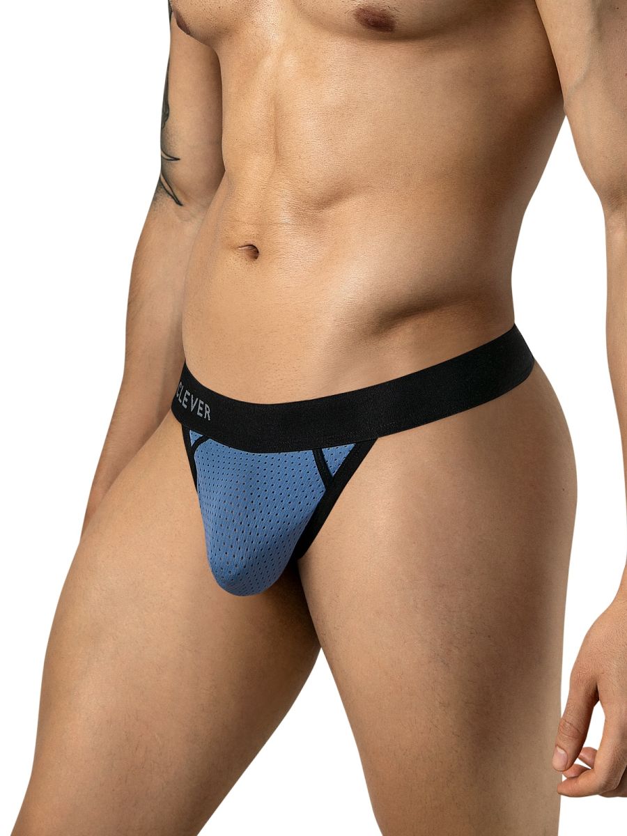 Steel blue mesh thong with a black waistband, shown from a three-quarters side angle.
