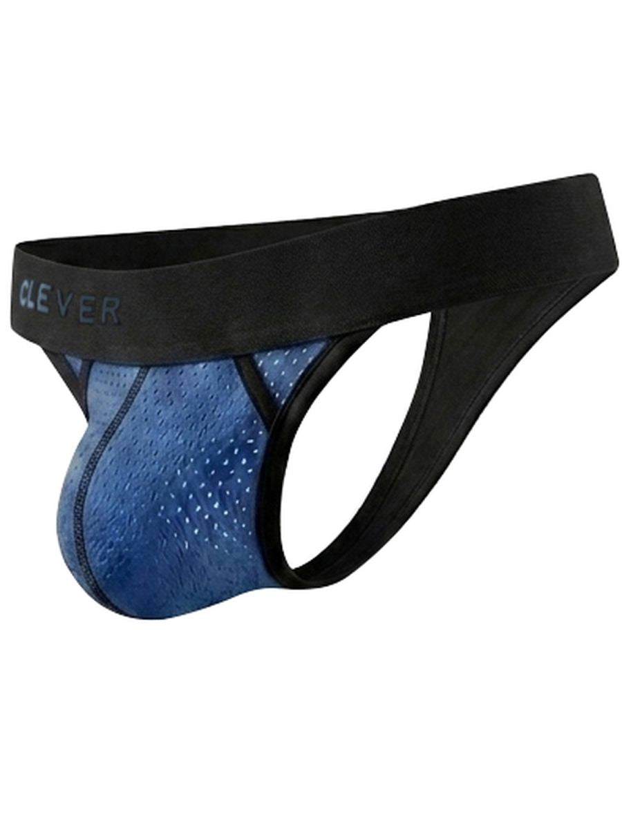 Steel blue thong with a black waistband, perforated textured front panel, and minimalist side straps.