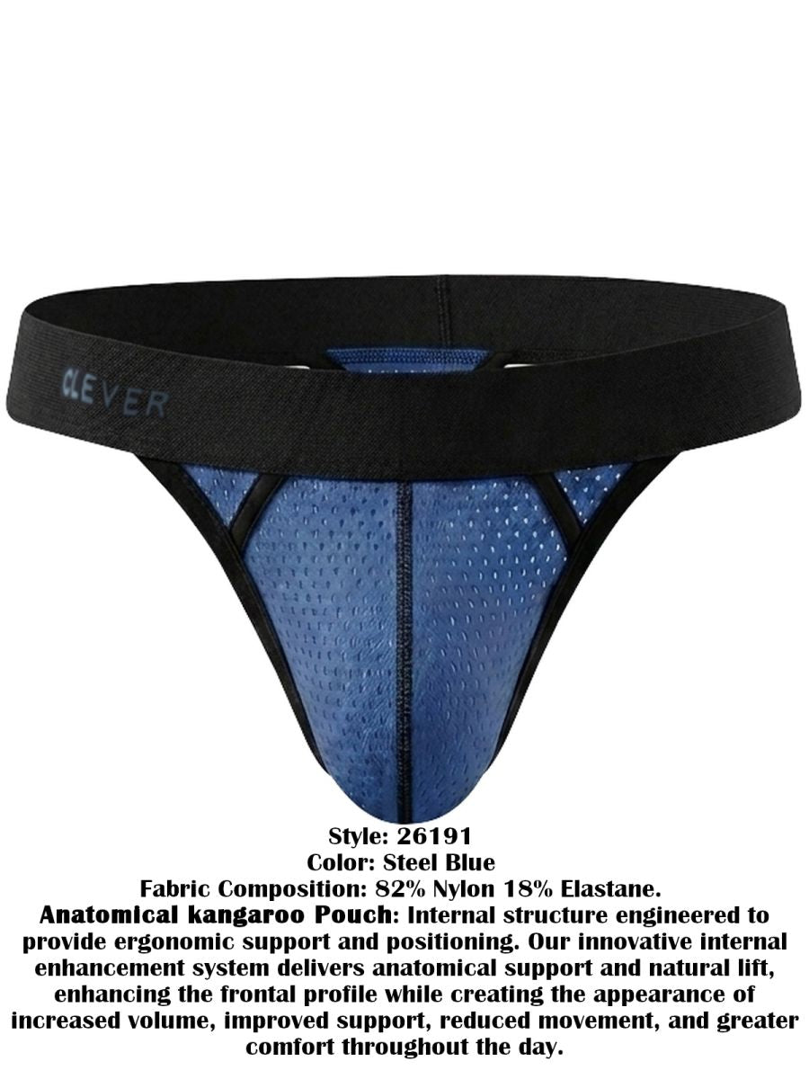Steel blue mesh thong underwear featuring a wide black waistband with the brand logo.