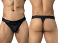 Front and back views of a person wearing black mesh thong underwear with a branded waistband.