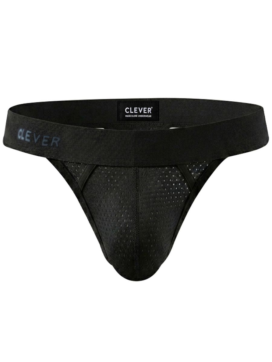 Black mesh thong with a branded elastic waistband, displayed flat on a white background.
