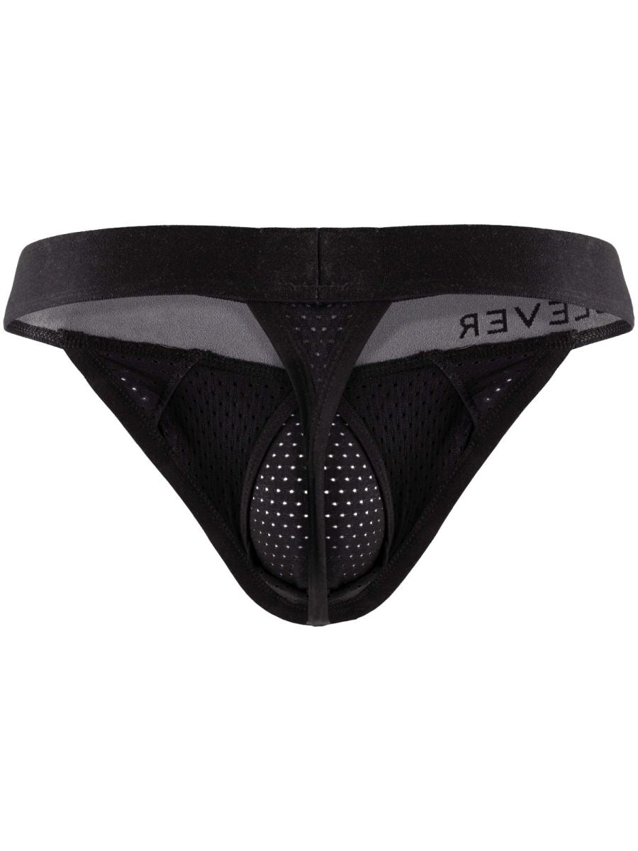 Black thong underwear with a wide waistband and breathable mesh fabric, displayed flat.