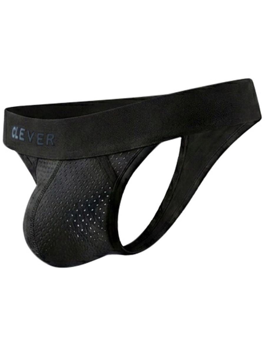 Black mesh thong underwear featuring a wide waistband with the brand name Clever on the front left.