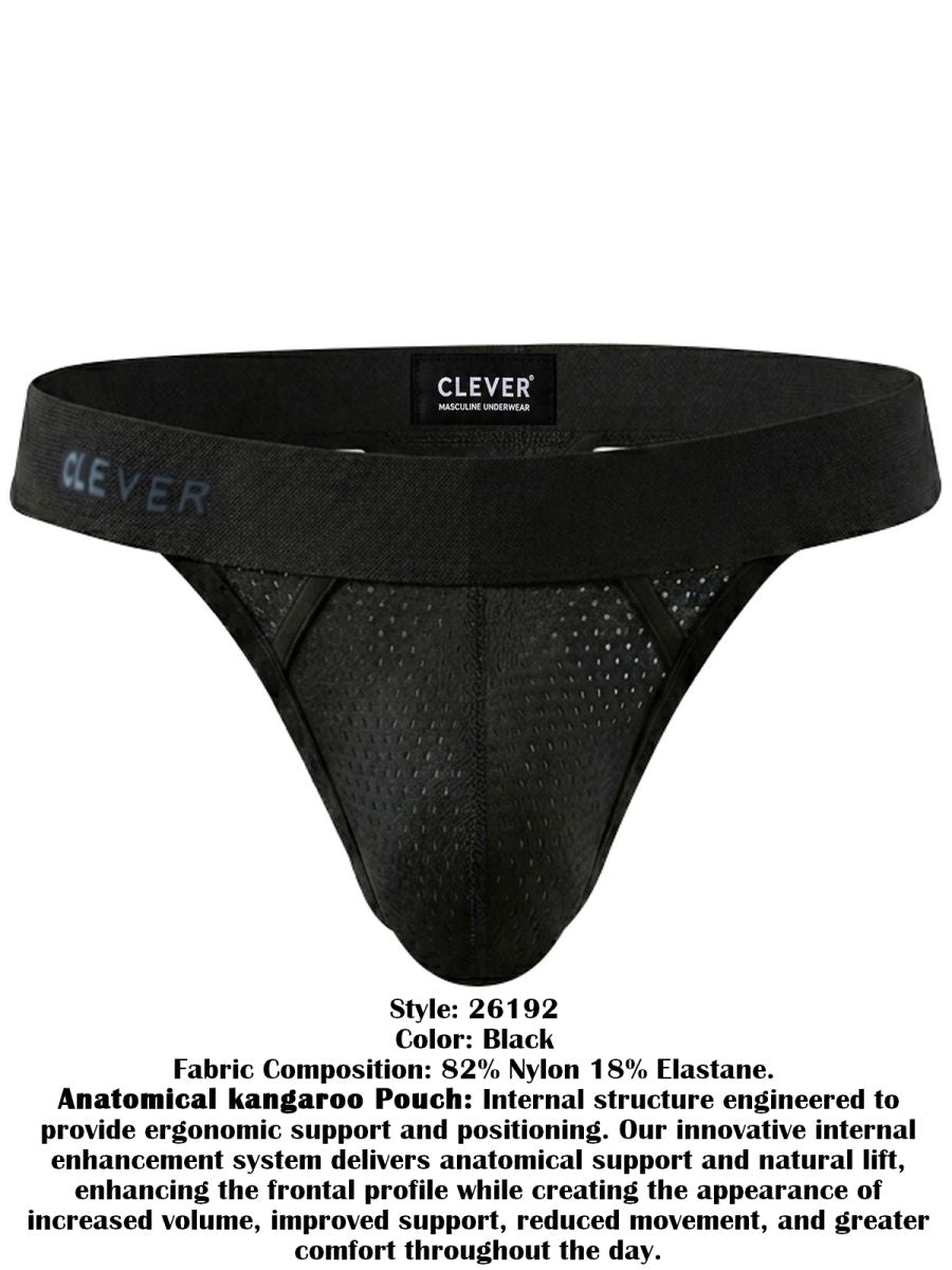Flat-lay of black mesh thong underwear featuring a wide branded waistband and contoured pouch.