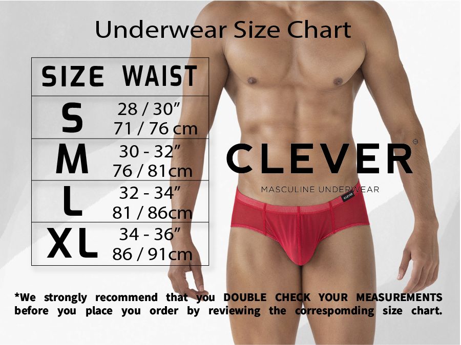 Lilac Cronos briefs paired with an underwear size chart.