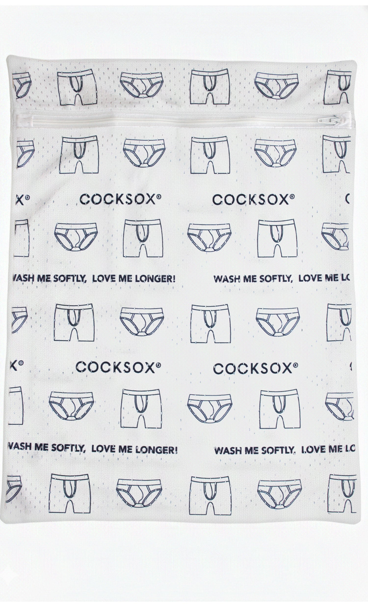 White mesh laundry bag with black boxer briefs pattern and cocksox branding featuring wash me softly love me longer slogan