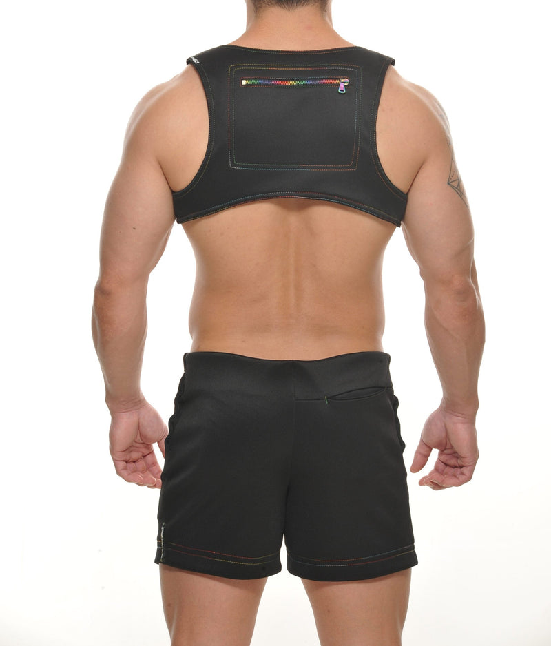 Black sleeveless neoprene colt vest harness back with rectangular zippered pocket and rainbow zipper pull