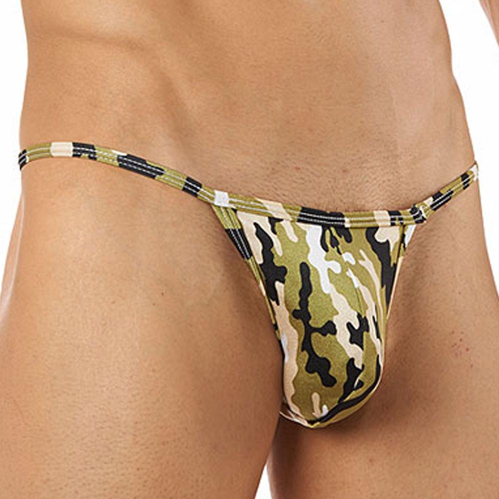 Cover male cm112 bikini brief in olive green black and beige camouflage pattern men’s thong underwear front view