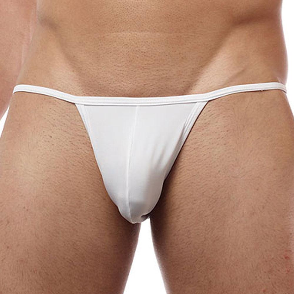 White cover male cm112 bikini brief thong made of smooth stretchy fabric shown from the back side