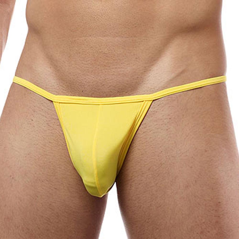 Bright yellow cover male CM112 bikini brief thong made of smooth stretchy fabric shown from the back side