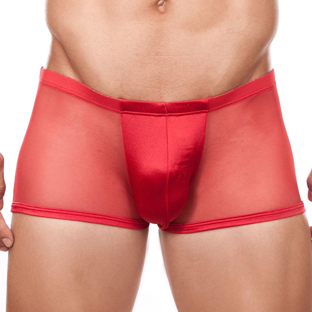 Cover male CM164 boxer trunk red sheer mesh briefs with a solid red satin front panel for comfortable support