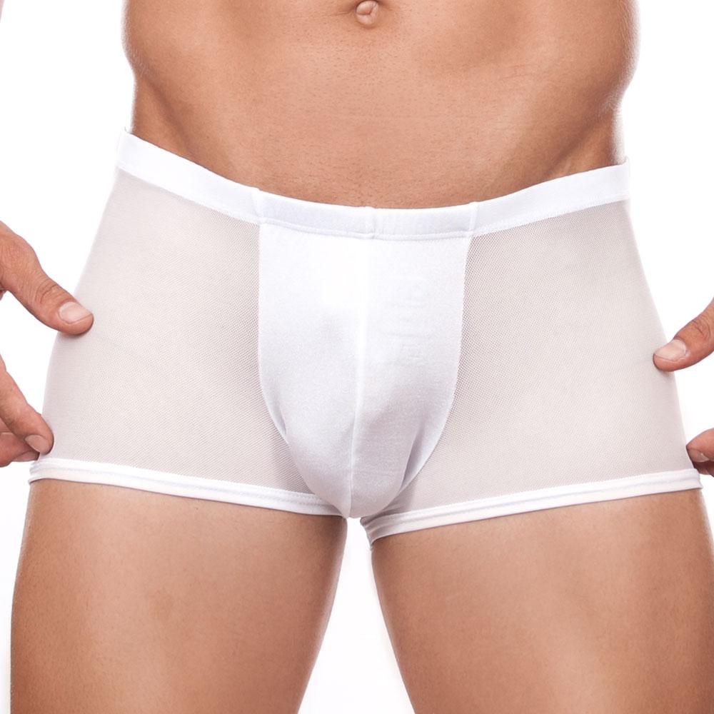 White mesh briefs with solid white front panel and elastic waistband from cover male cm164 boxer trunk collection