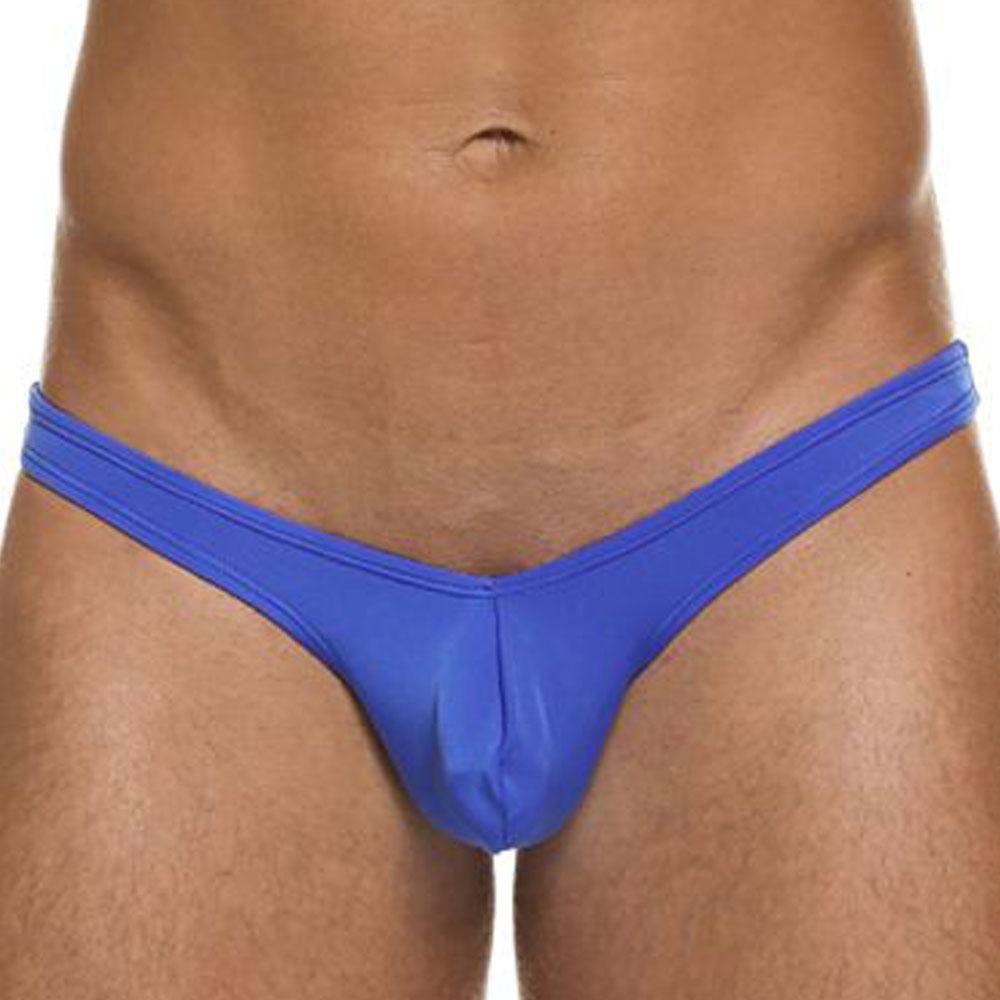 Cover male cm202 thong bright blue form-fitting thong made of smooth stretchy fabric shown from the back side