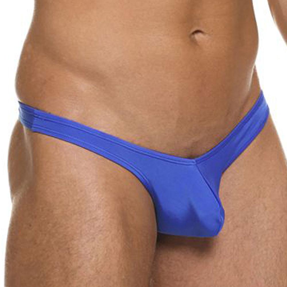 Bright blue cover male CM202 thong made of smooth stretchy fabric shown from the back side