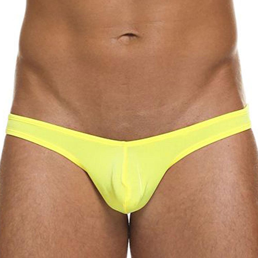 Bright yellow sheer mesh Cover Male CM202 thong with narrow waistband shown from the back side