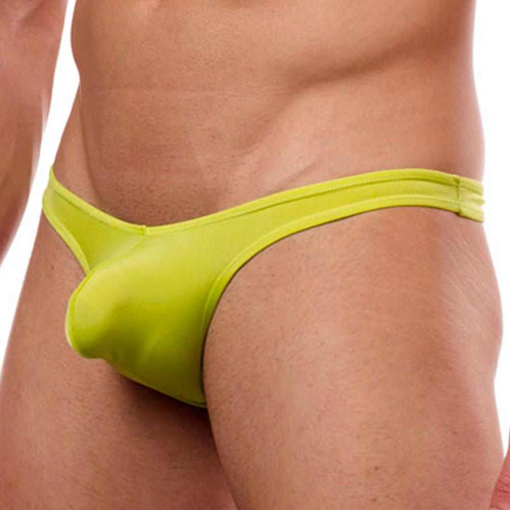 Bright lime green cover male cm202 thong made of smooth stretchy fabric shown from the back side