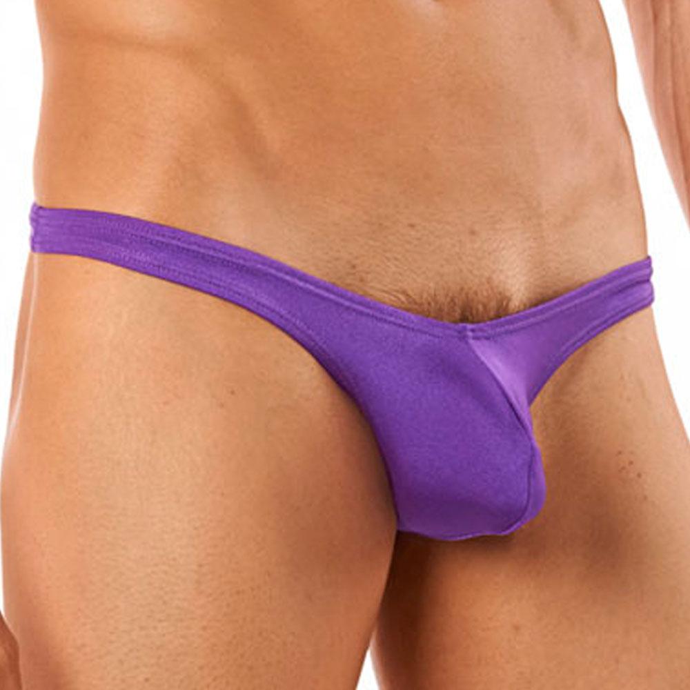 Purple cover male cm202 thong made of smooth stretchy fabric with a snug fit and minimalistic design shown from the back