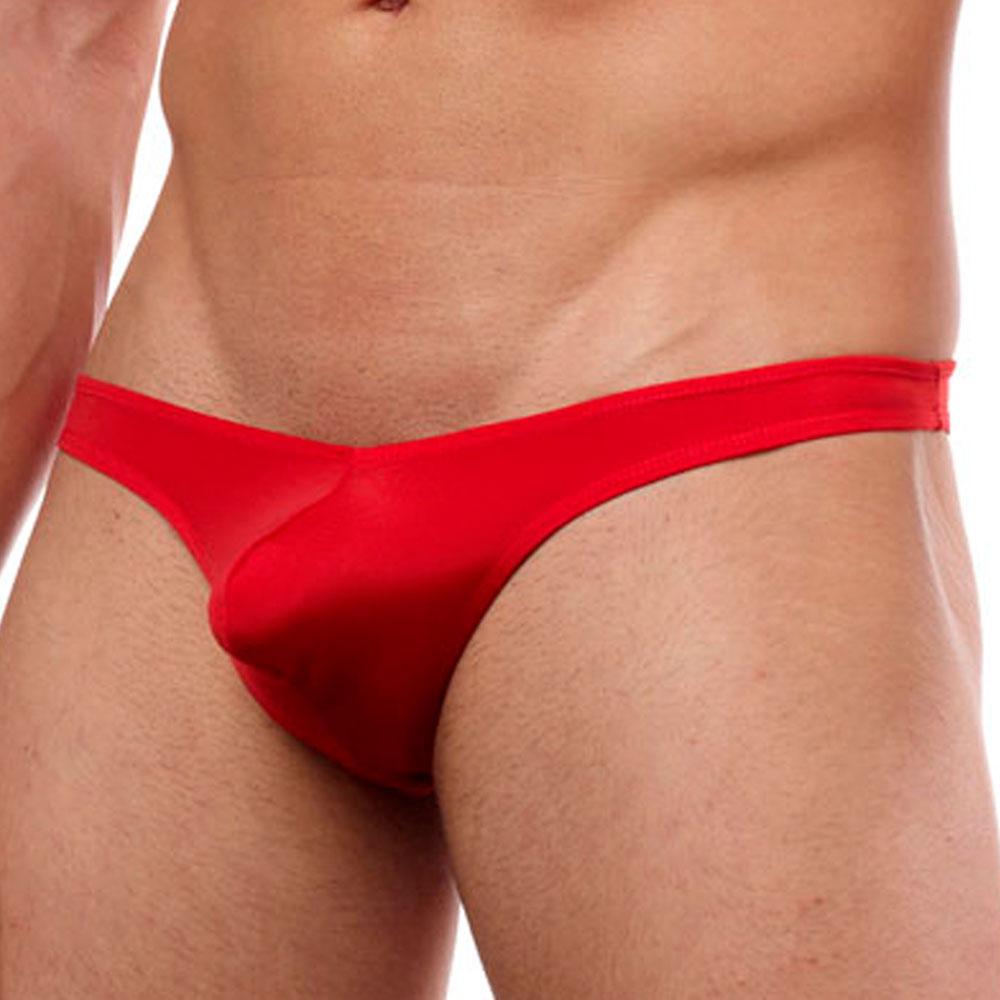 Red cover male CM202 thong made of smooth stretchy fabric shown from the back side in a form-fitting design