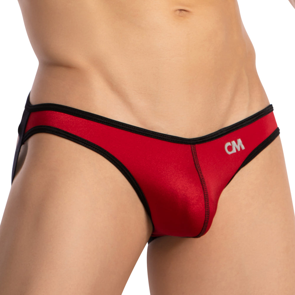 Cover Male CME031 jockstrap in red and black with shiny fabric finish showcasing branded briefs design