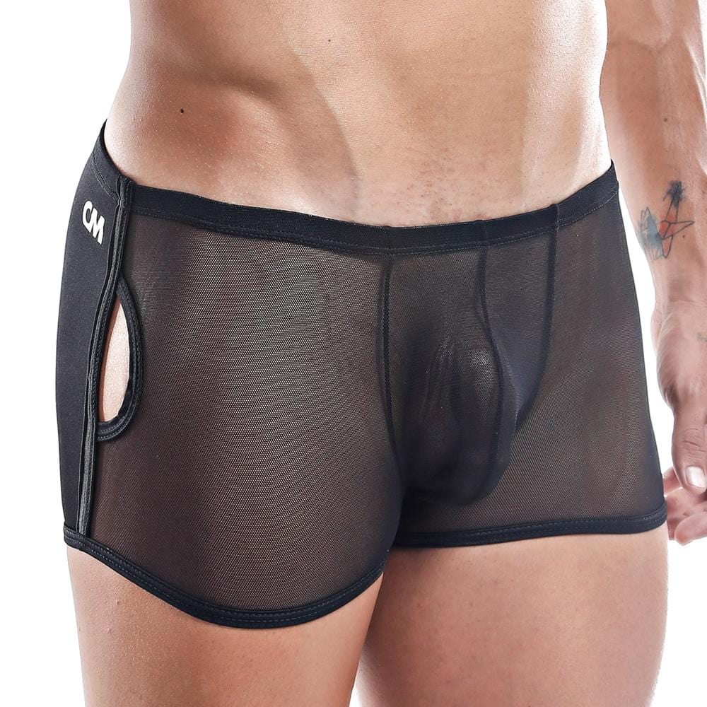 Cover male cmg015 boxer trunk black mesh briefs with solid waistband side cutouts and cm logo on left hip