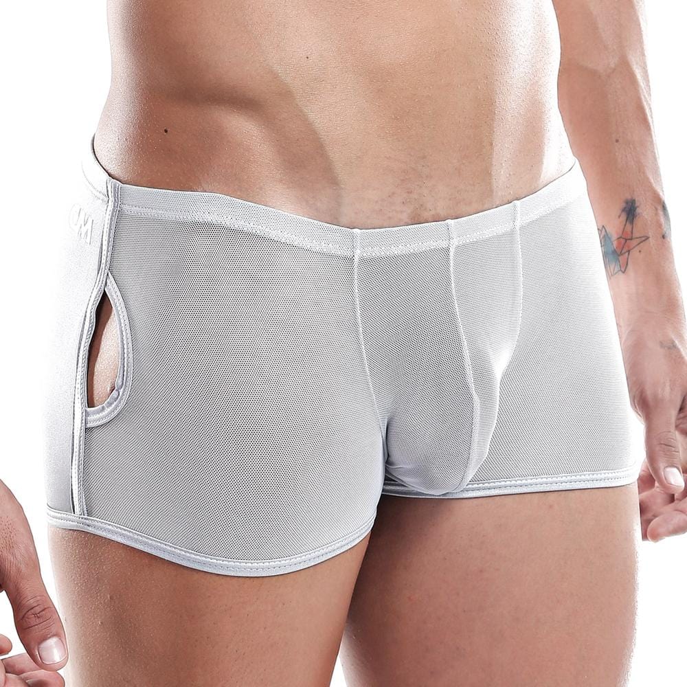 White mesh cover male cmg015 boxer trunk briefs with cutout side panel and reinforced waistband