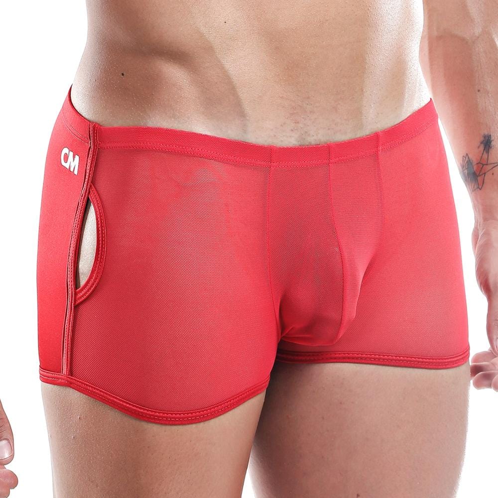 Cover male cmg015 red mesh boxer trunk briefs with side zipper and cm logo on the waistband