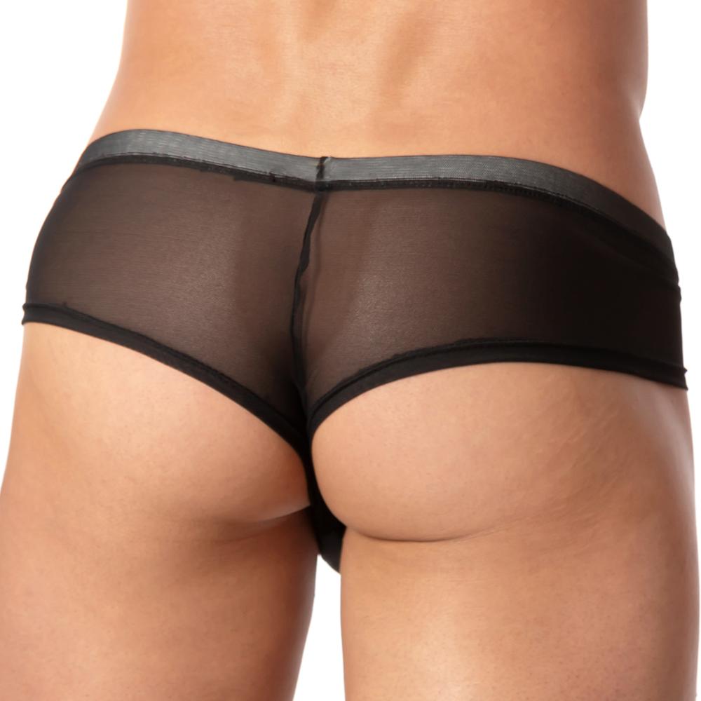 Black sheer mesh briefs with solid waistband and leg edges by cover male cmg020 bikini brief showing front view