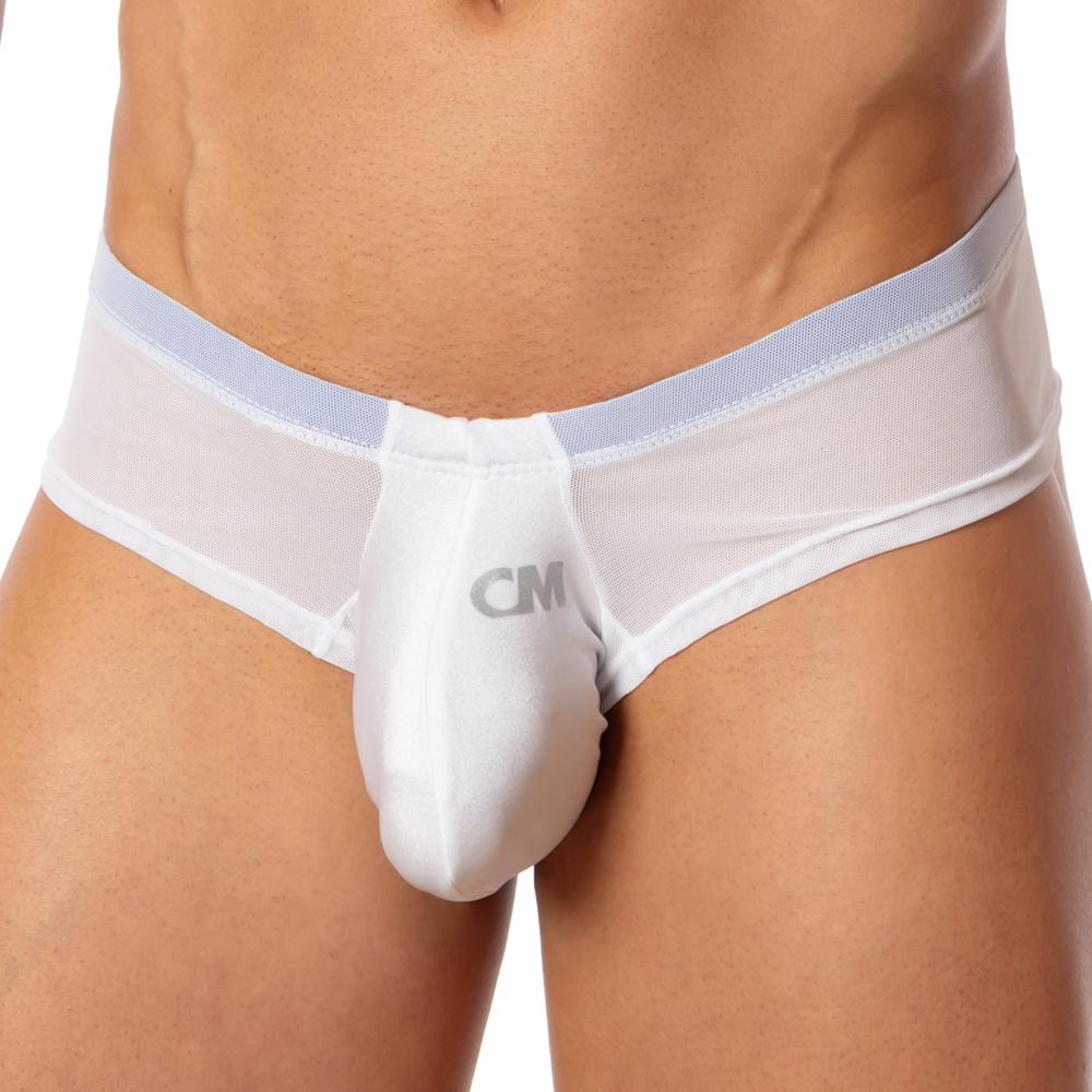 Cover male CMG020 bikini brief white mesh with solid front panel light blue waistband and gray cm logo on pouch