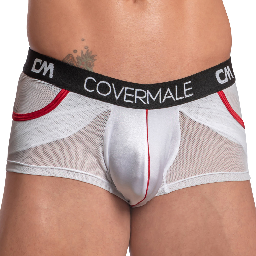 White mesh cover male cmg022 boxer trunk briefs with red trim and black waistband featuring covermale brand name