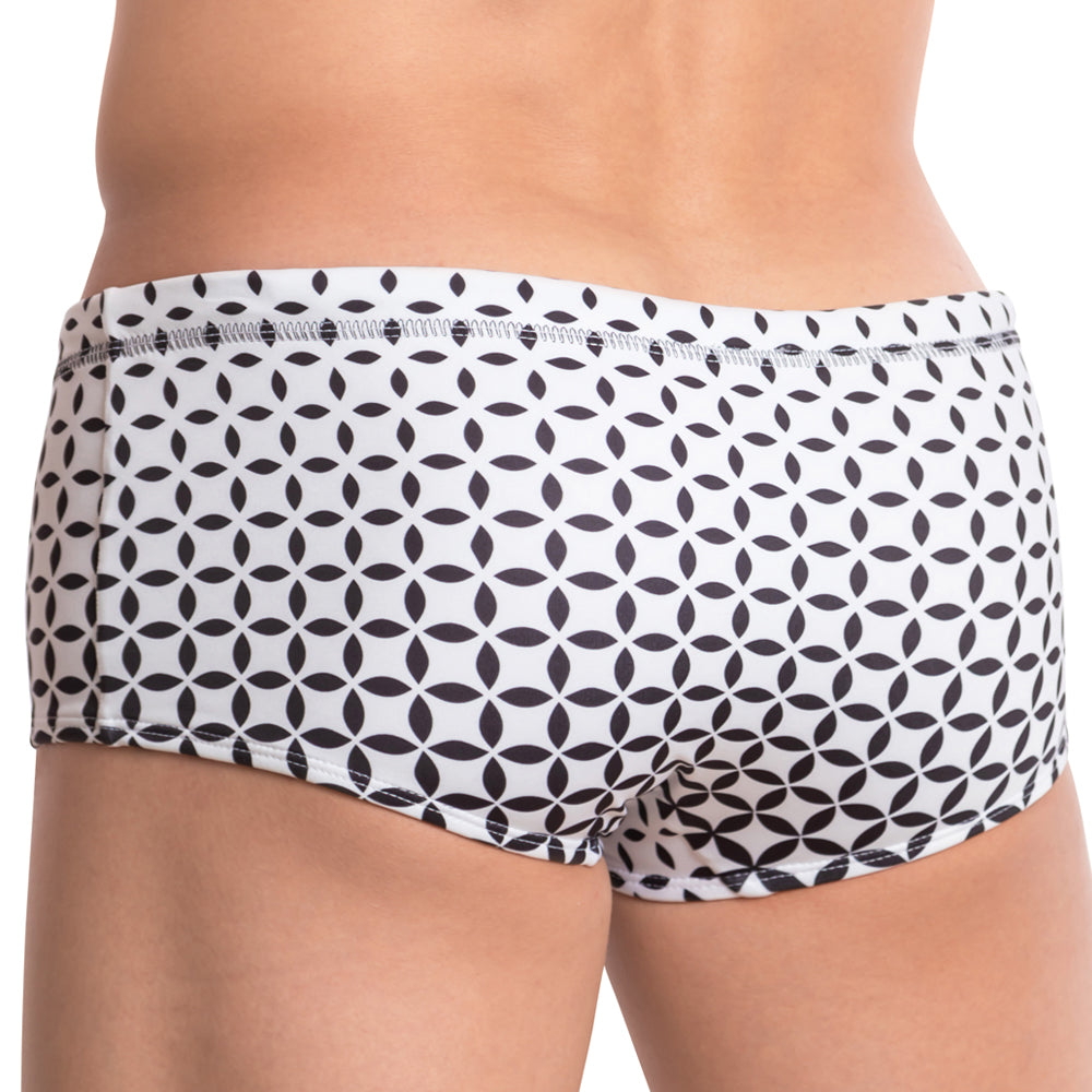 White cover male cmh008 swimwear swim trunks with a black geometric overlapping leaf pattern for beach use