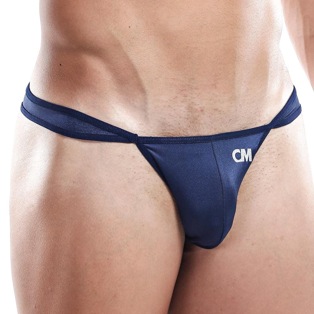 Cover Male CMI028 bikini brief navy blue thong made of smooth stretchable fabric with subtle sheen and white logo on front