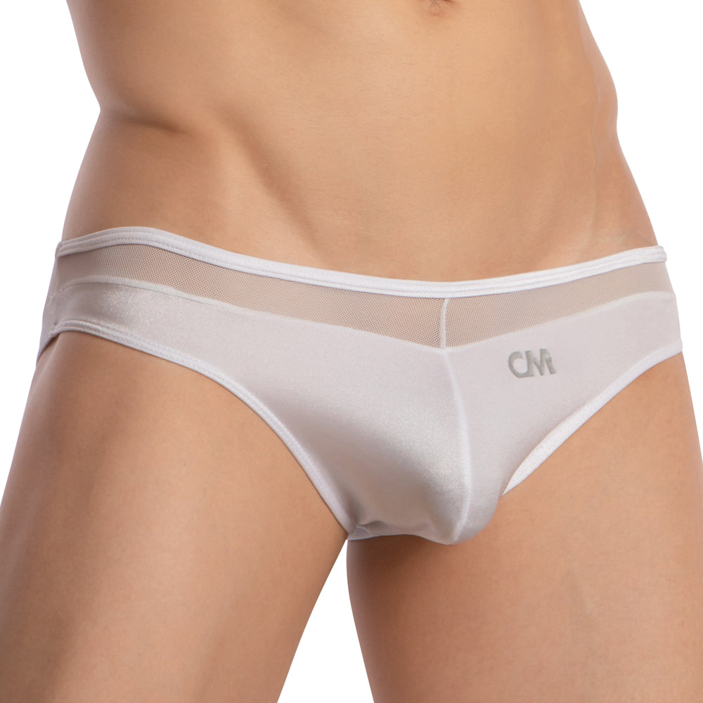 White mesh briefs with subtle cm logo on the front from cover male cmi067 bikini brief collection