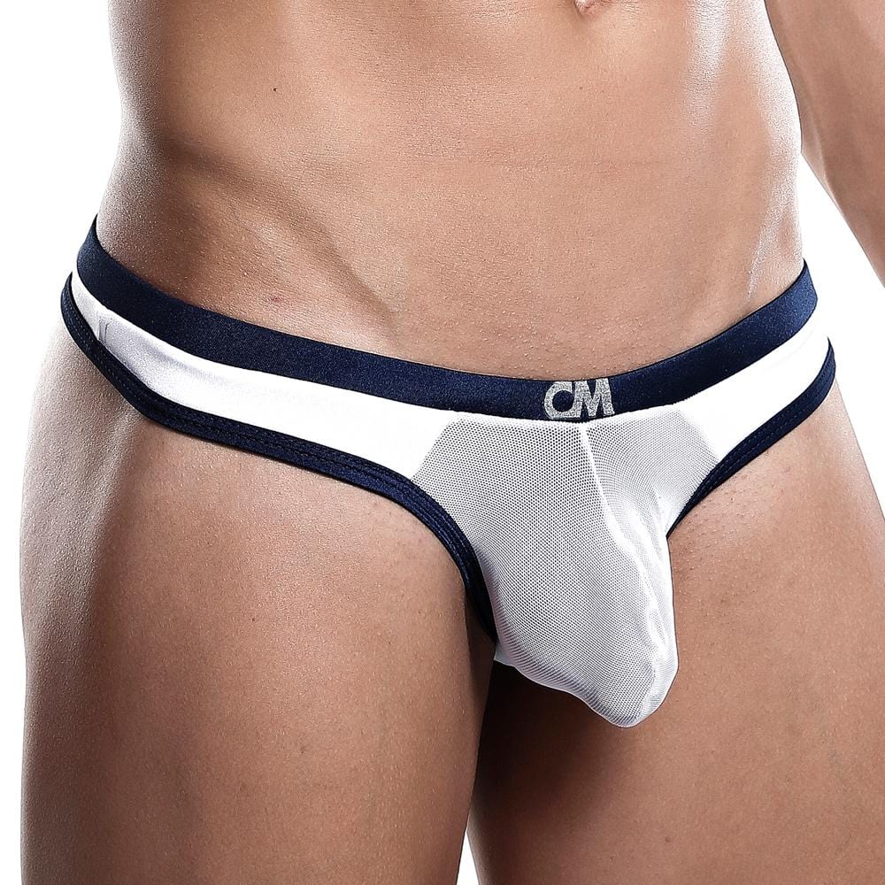 Cover Male CMK033 thong in white and navy blue mesh with a solid waistband featuring the cm logo visible from the back