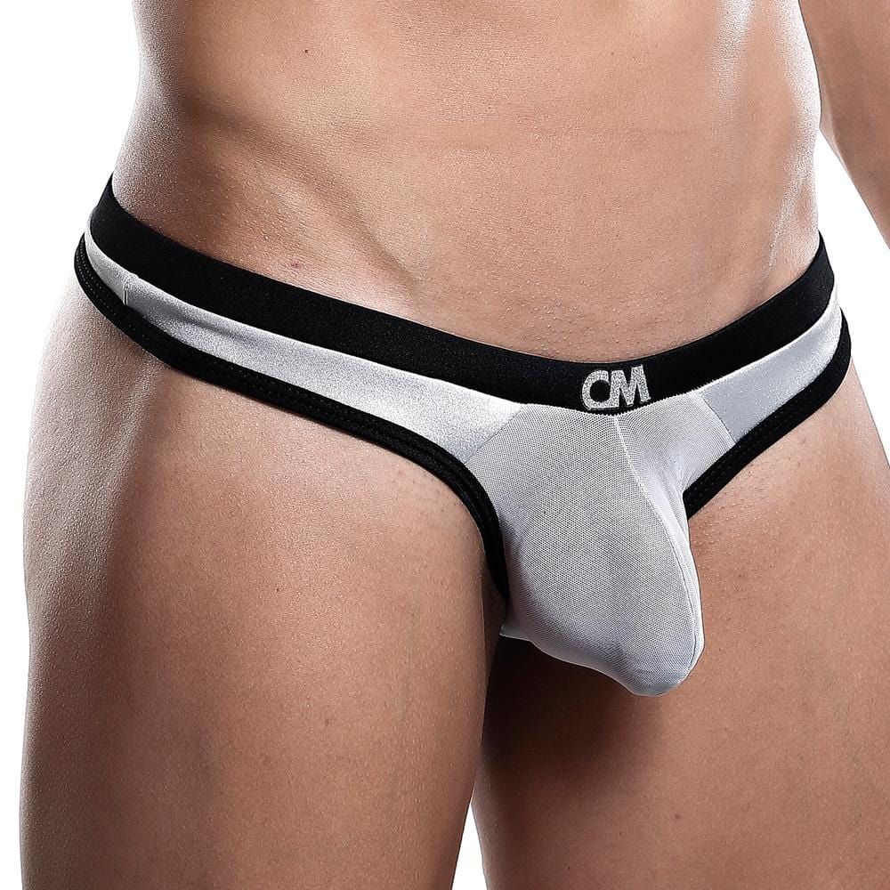 Cover male cmk033 thong in silver and black with sheer mesh front panel featuring cm branding