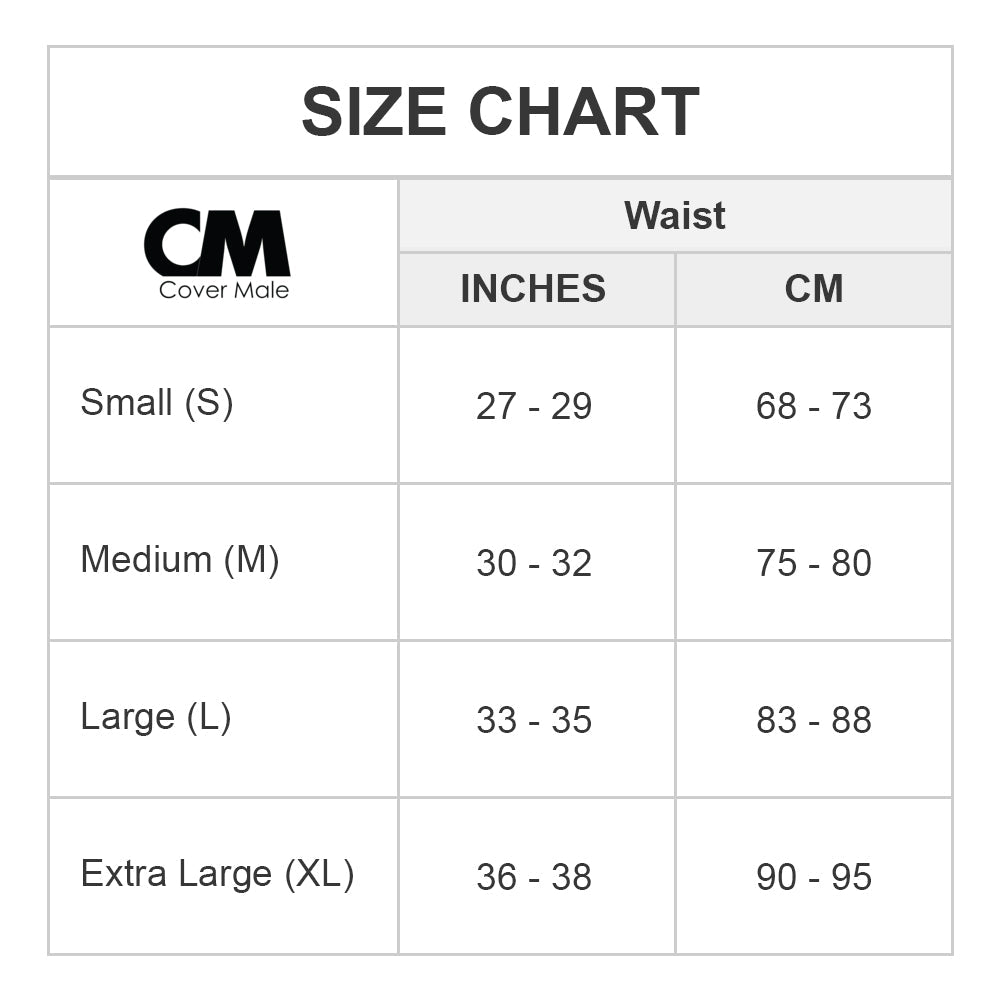 Cover male cmk052 omg thong size chart showing waist measurements in inches and centimeters from small to extra large