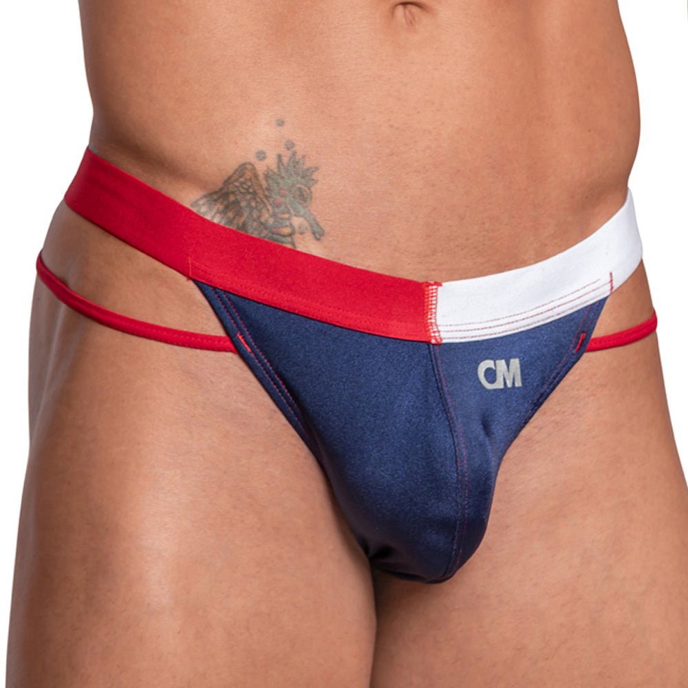 Cover male cmk072 thong blue denim style briefs with red and white trim and cm logo on the front