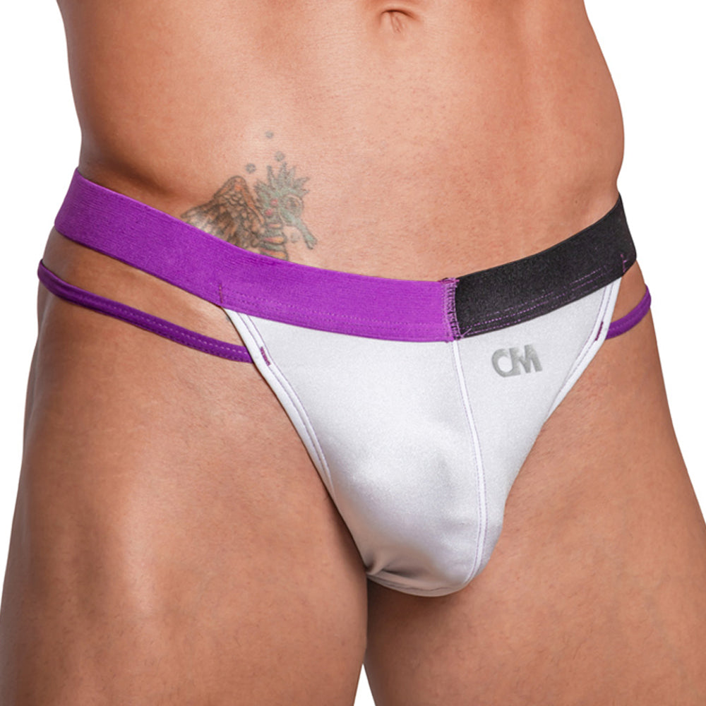Cover male cmk072 thong with purple and black striped waistband white fabric and subtle cm logo on front