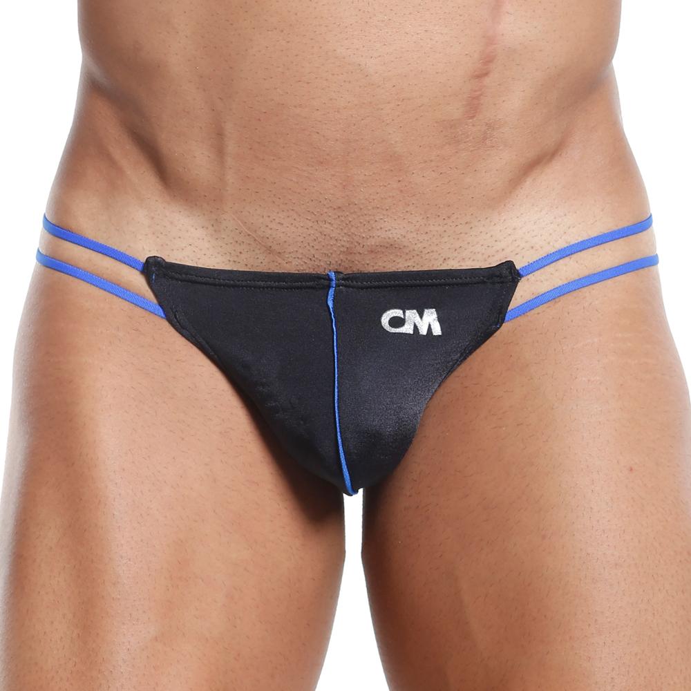 Cover male CML005 black thong with blue trim and matching side straps showing the front view