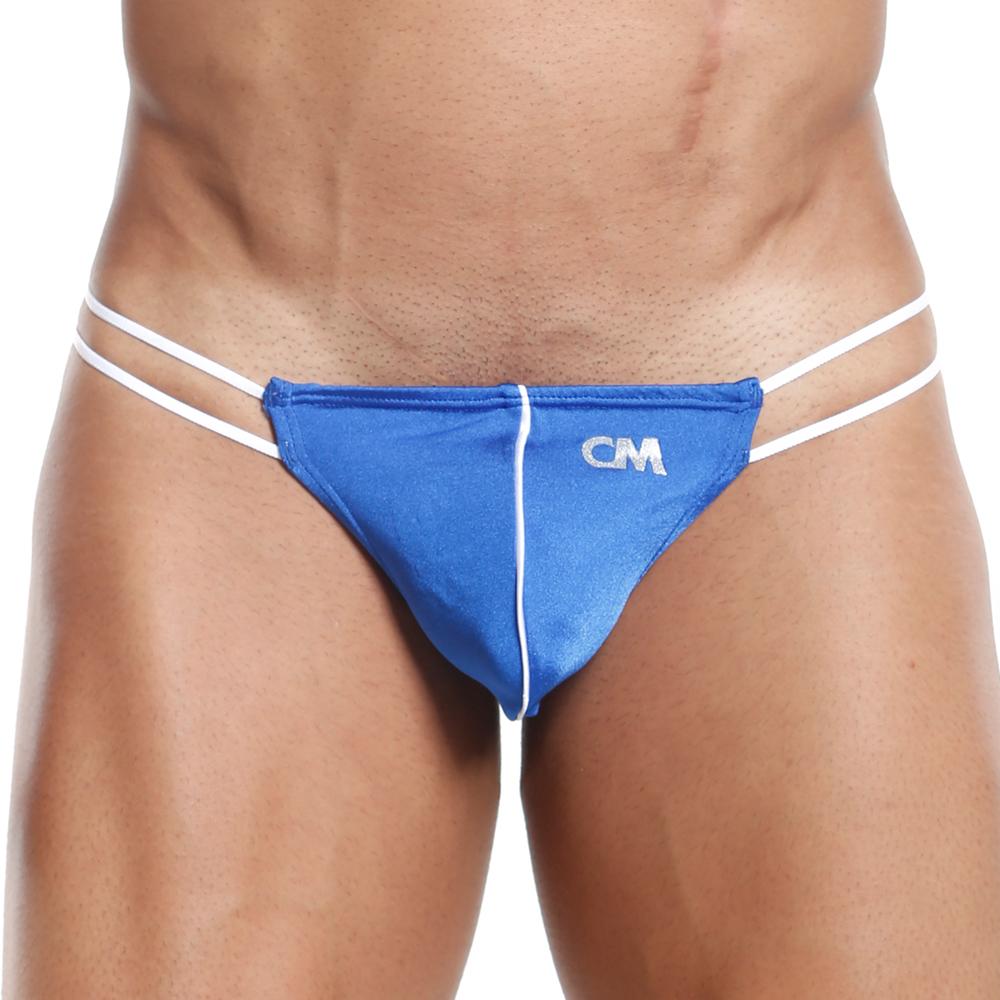 Blue cm brand cover male cml005 g-string thong with white trim and double straps showing front side