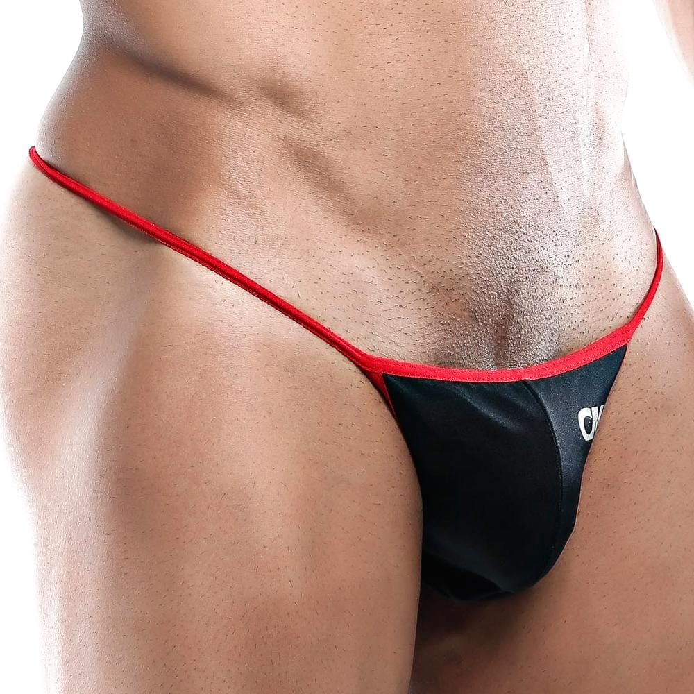 Black Cover Male CML007 g-string thong with red trim and subtle white logo on the side, back view