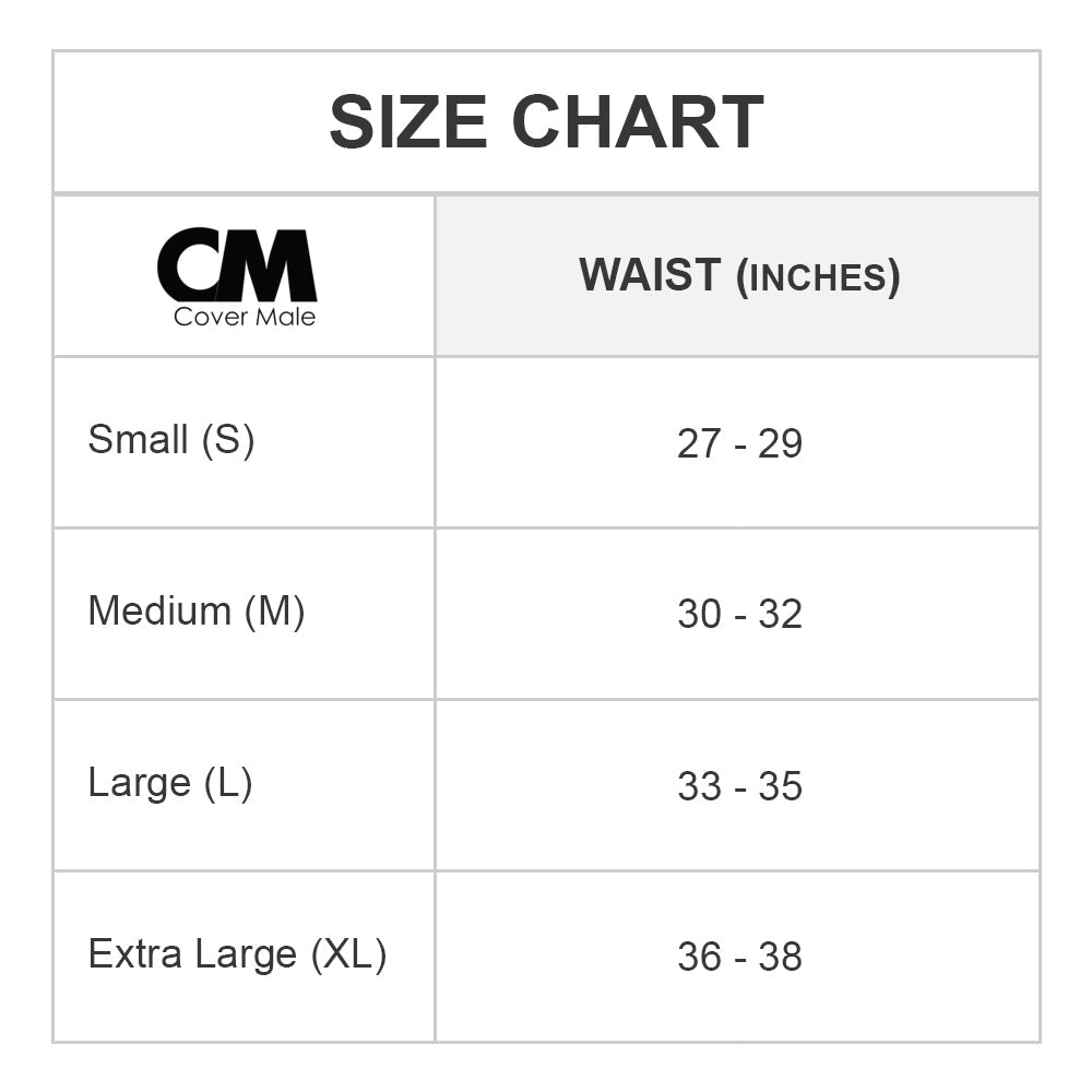 Cover male CML012 micro g-string size chart showing waist measurements in inches for accurate fitting guidance