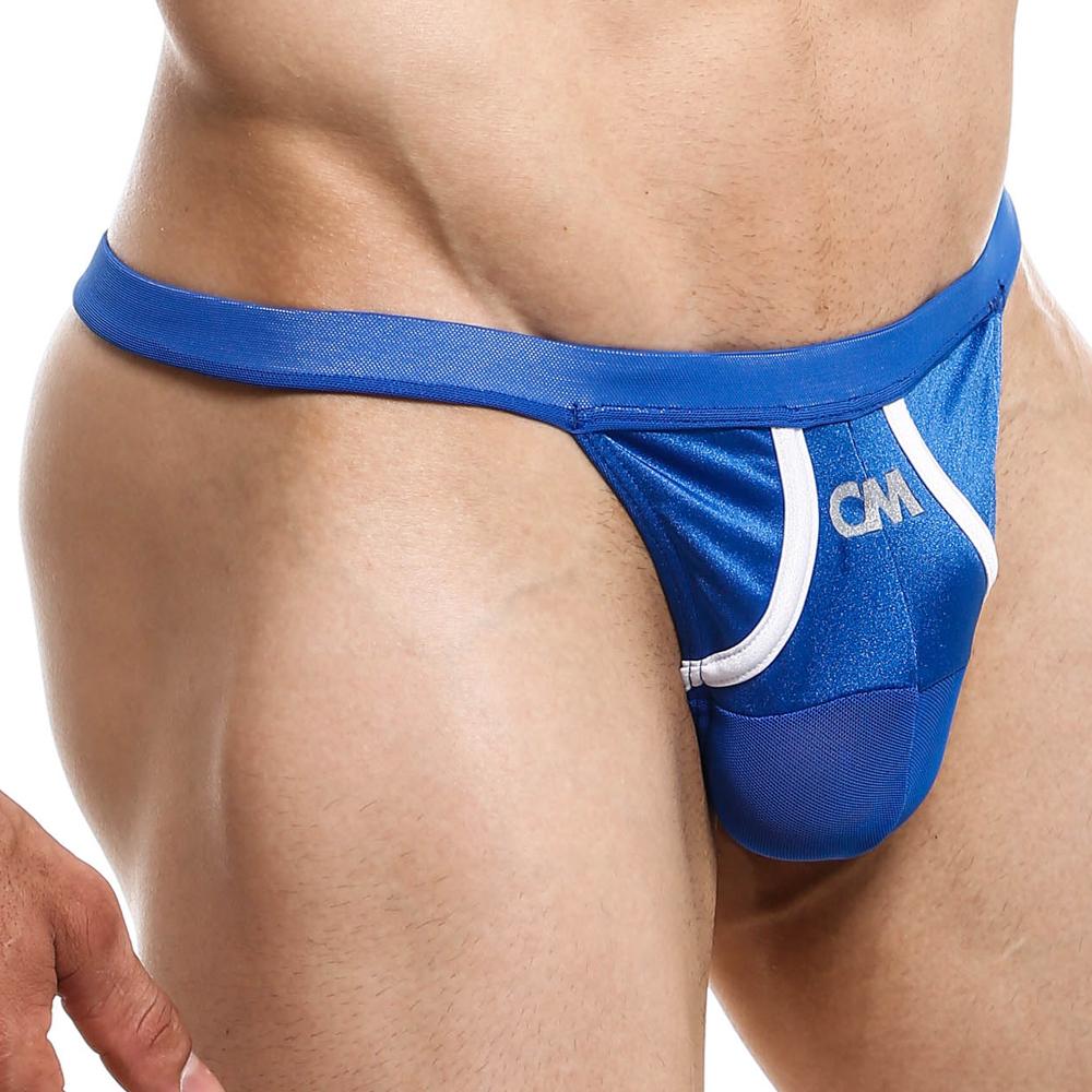 Blue cover male cml016 g-string briefs with white trim and mesh panels showing the back side of the product