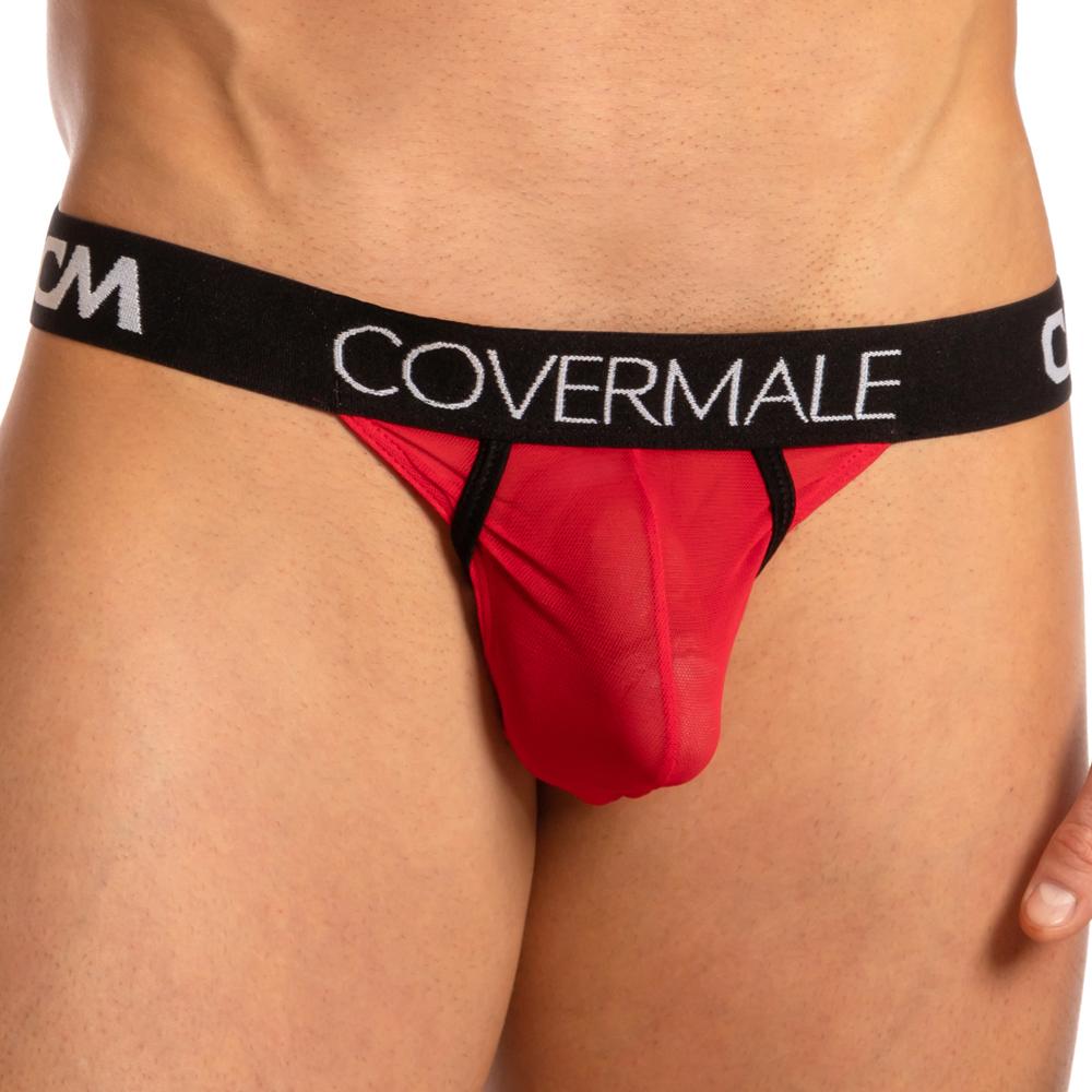 Red sheer mesh briefs with black elastic waistband featuring covermale branding in white lettering for men