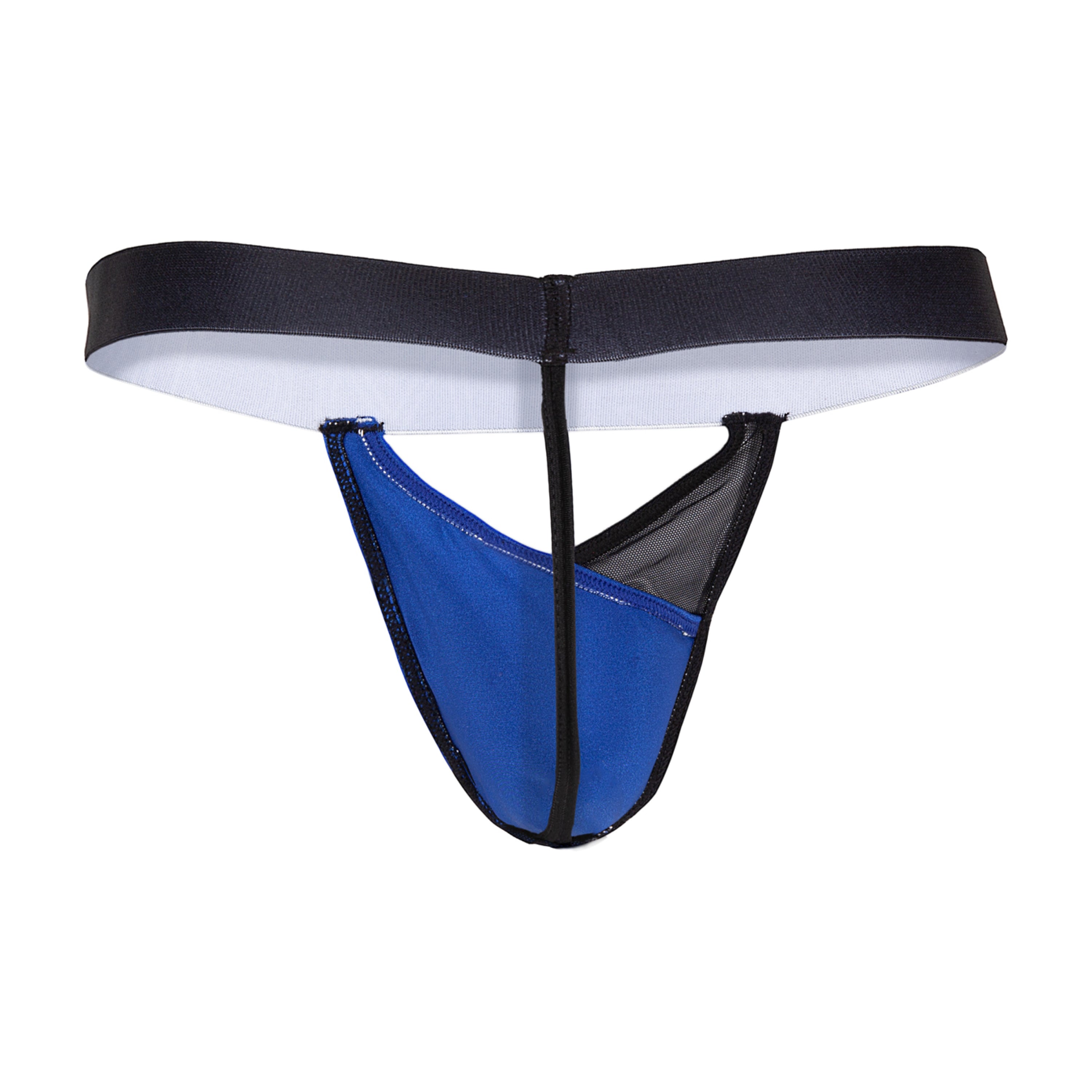 Blue and black Cover Male CML035 G-string thong with mesh panel showing front side details