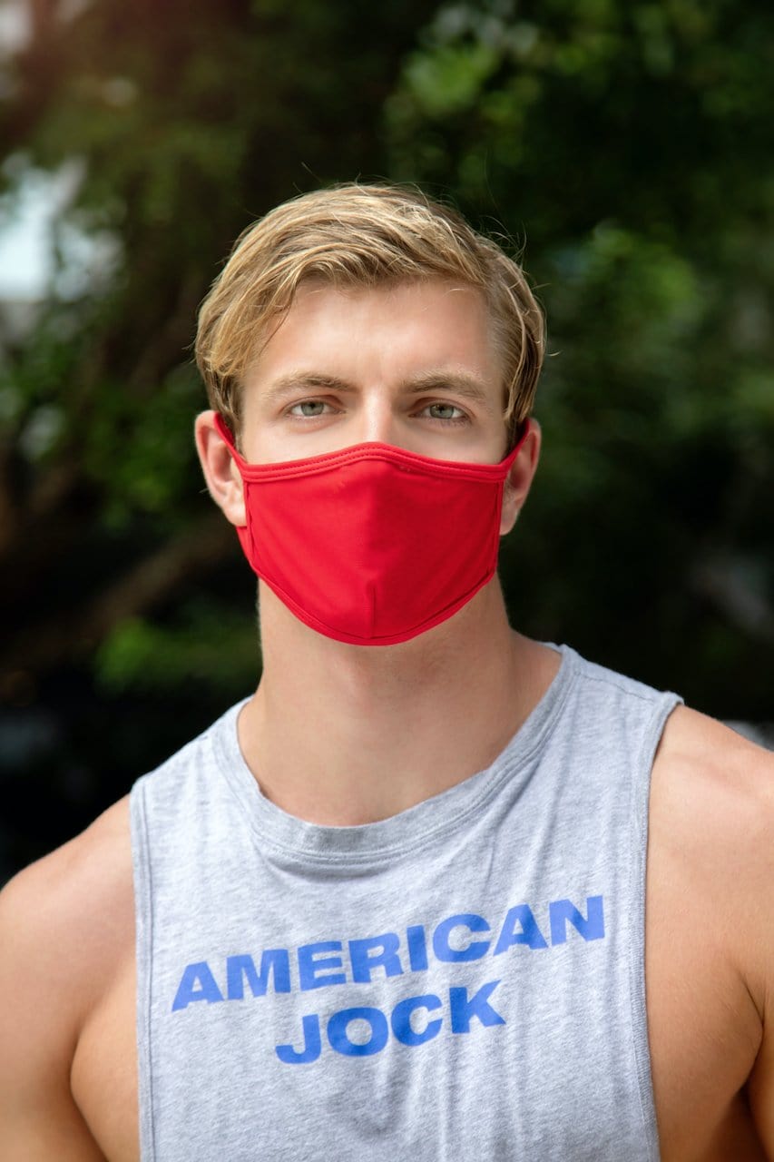 Red fabric face mask cover male TAP003 accessory worn by a man for comfortable everyday protection