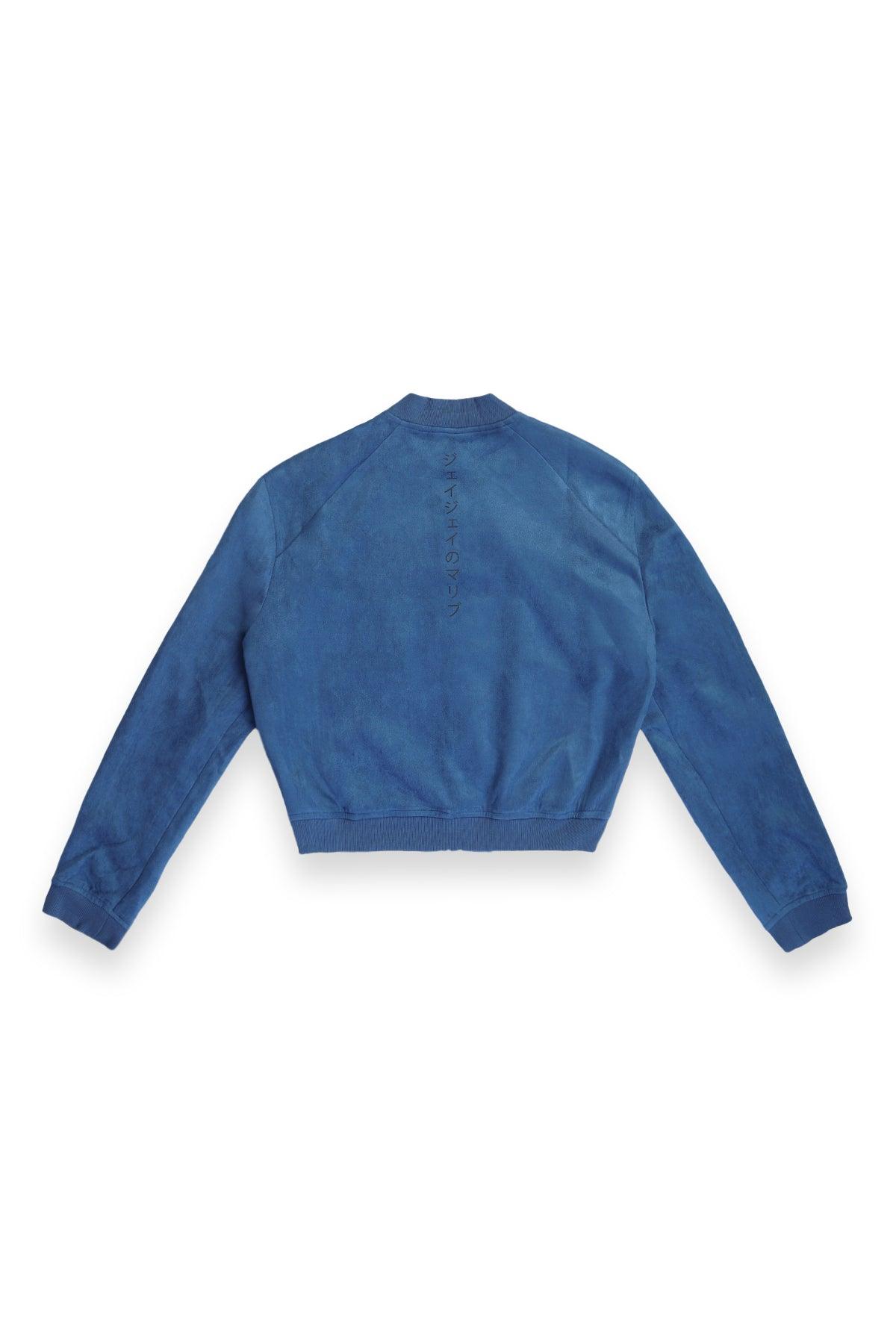 Blue cropped suede bomber jacket with ribbed cuffs and hem in navy shown from the front