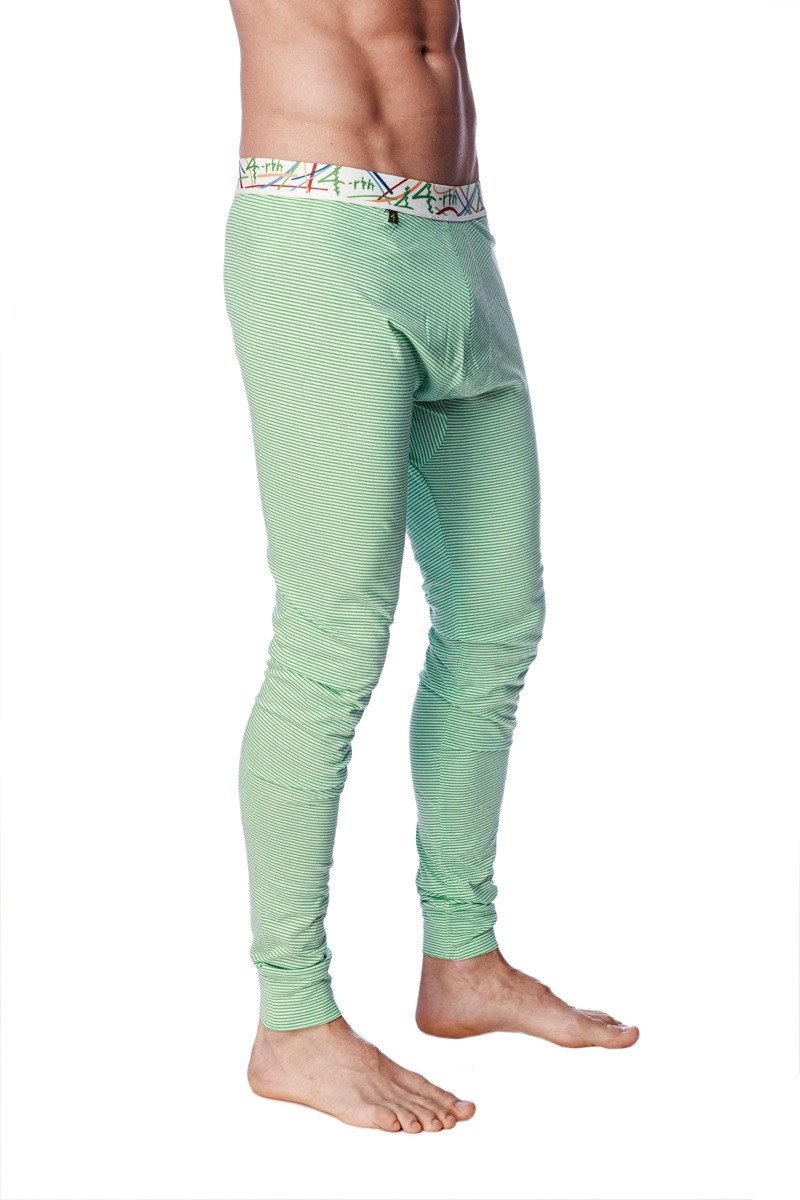 Light green striped men’s thermal crosstrain yoga leggings with patterned waistband for cold weather workouts