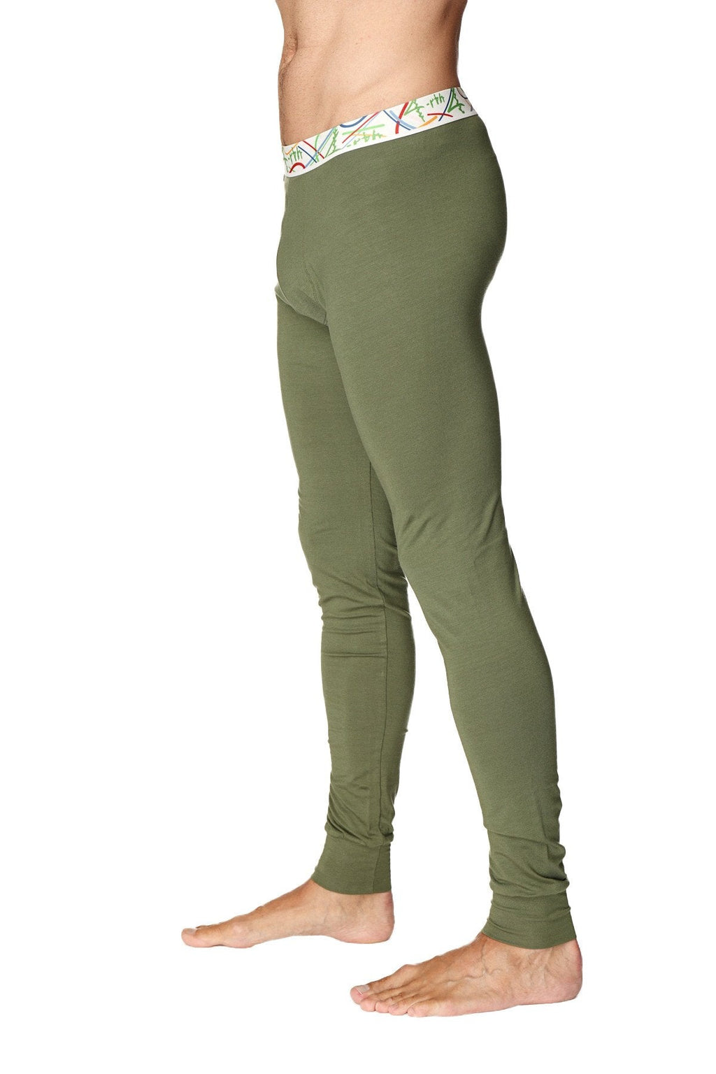 Olive green crosstrain thermal yoga pant with form-fitting design and white waistband with colorful geometric patterns